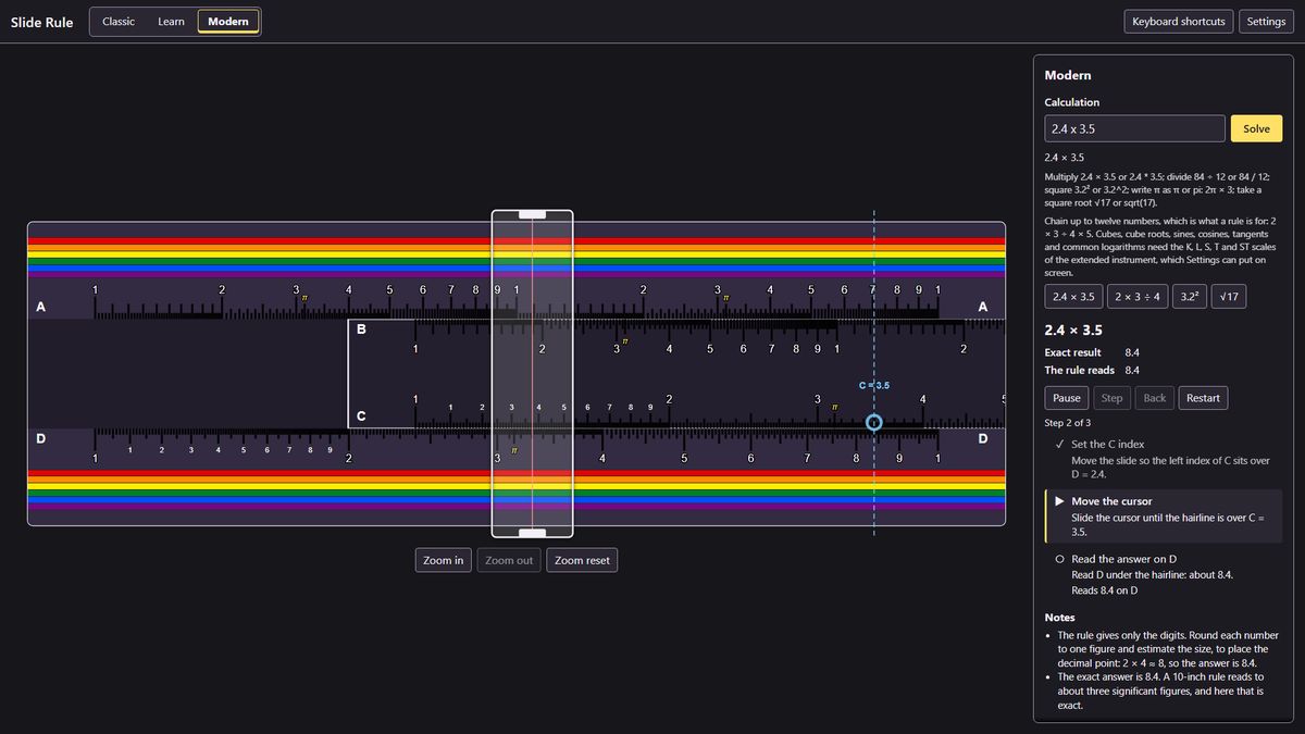 The Pride Slide Rule in the Rainbow finish, solving 2.4 × 3.5 in Modern mode with the steps listed beside the rule