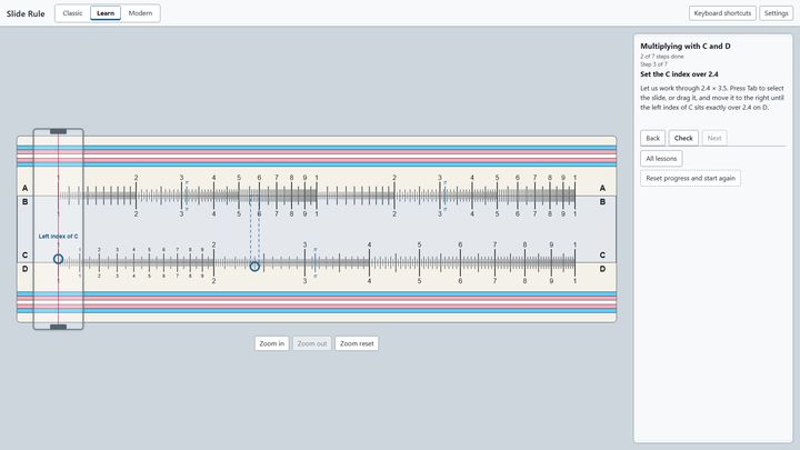 The rule in the Trans finish, in light mode, during the Multiplying with C and D lesson