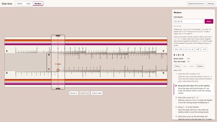 The rule in the Lesbian finish, in light mode, solving 2 × 3 ÷ 4 step by step
