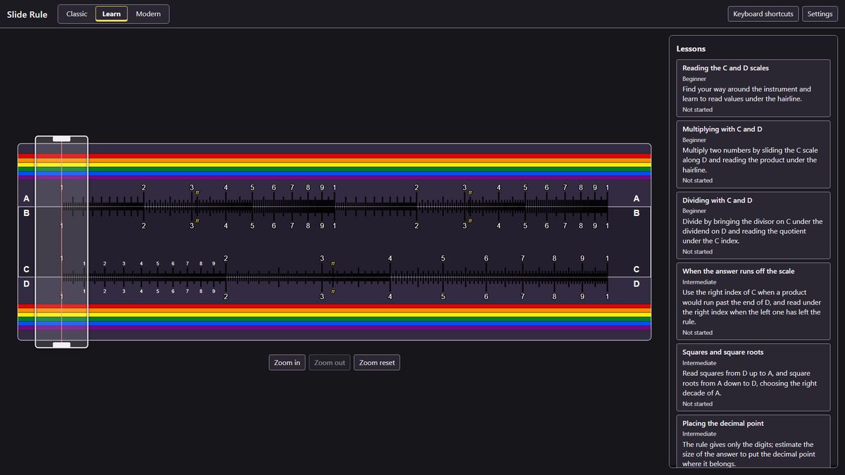 Learn mode in the Rainbow finish, showing the list of lessons from Reading the C and D scales onward