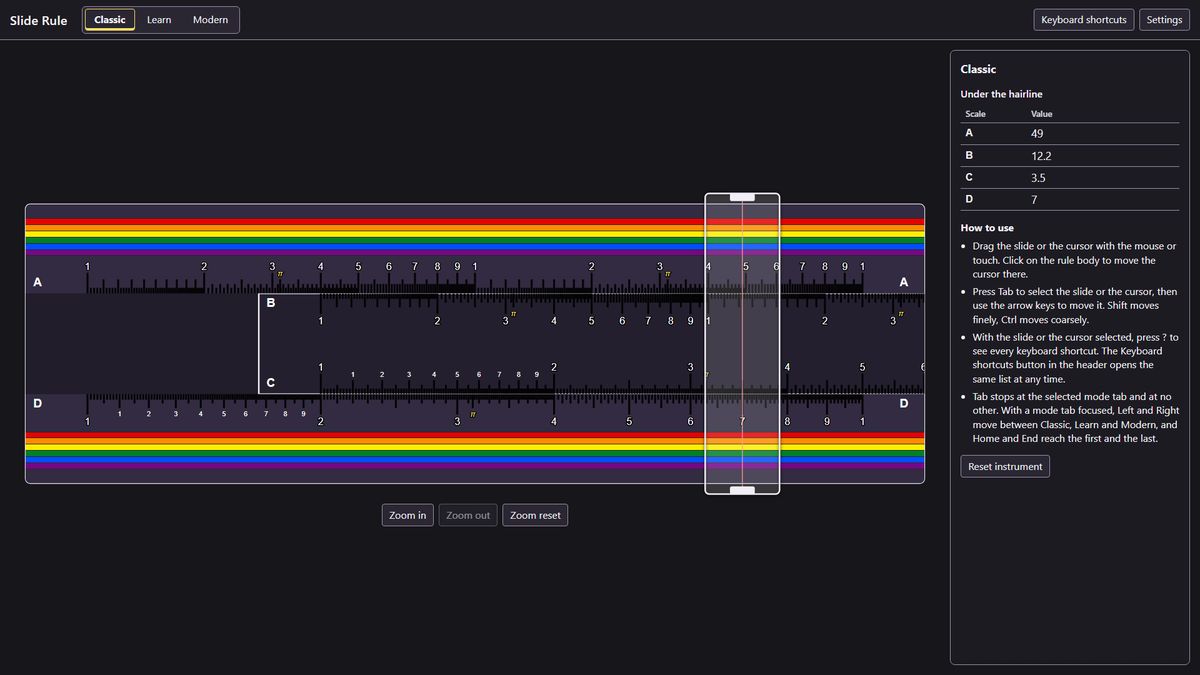 Classic mode in the Rainbow finish, with the values under the hairline listed for the A, B, C and D scales